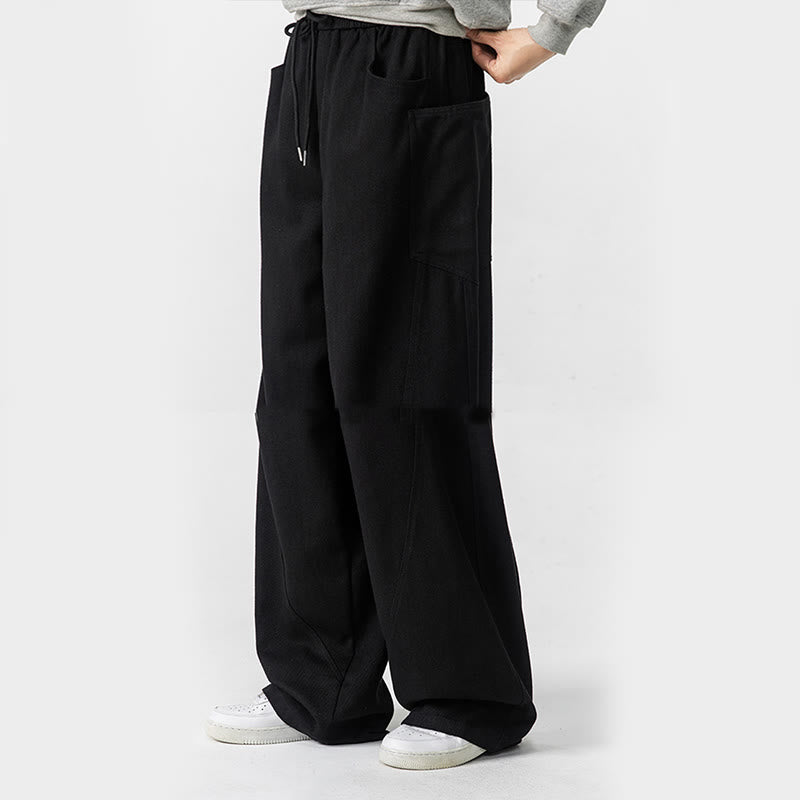 Fall Pure Color Men's Wide Leg Cotton Drawstring Pants With Pockets