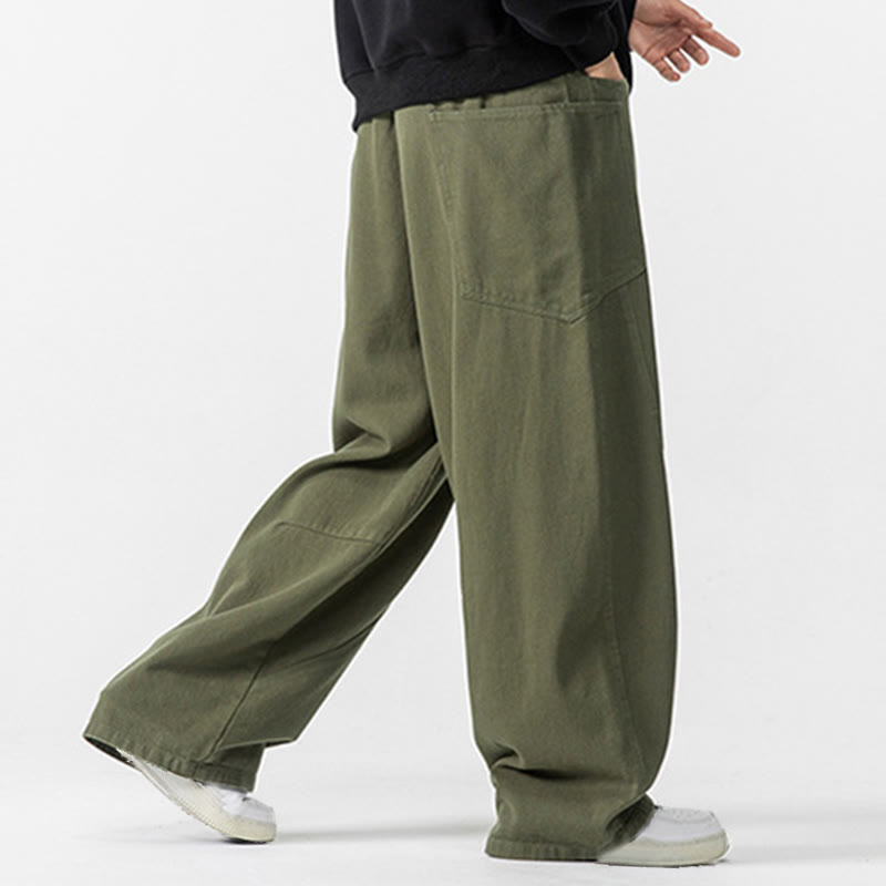 Fall Pure Color Men's Wide Leg Cotton Drawstring Pants With Pockets