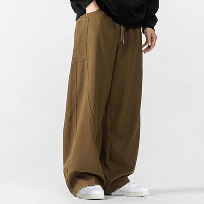Fall Pure Color Men's Wide Leg Cotton Drawstring Pants With Pockets