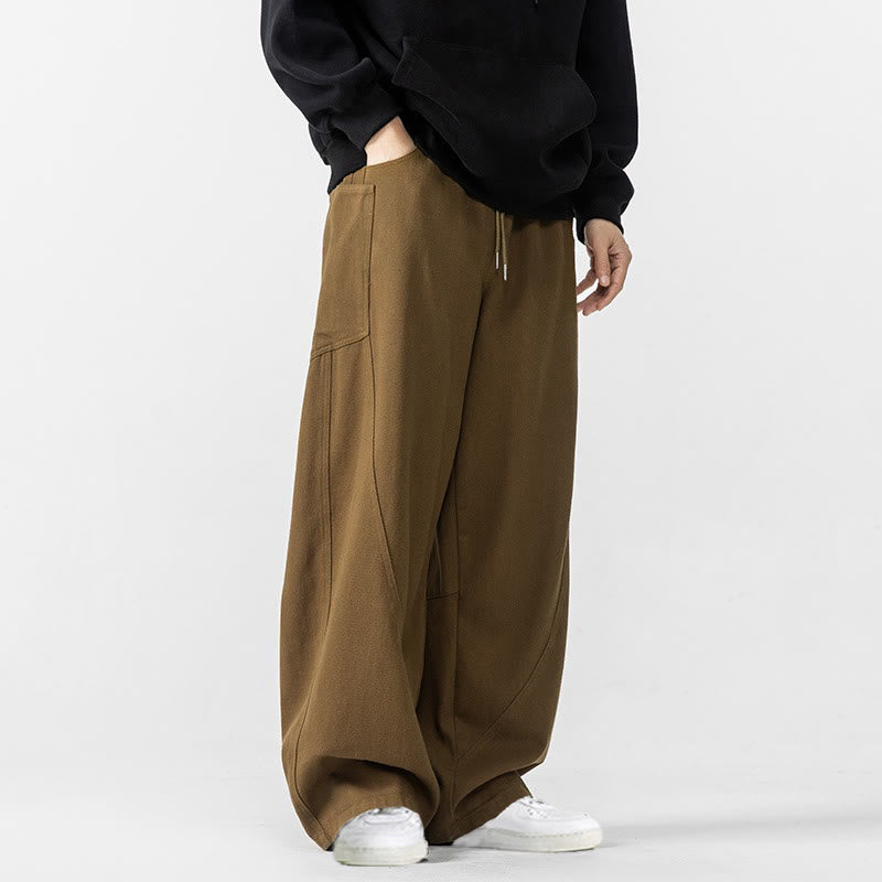 Fall Pure Color Men's Wide Leg Cotton Drawstring Pants With Pockets