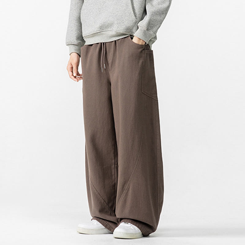 Fall Pure Color Men's Wide Leg Cotton Drawstring Pants With Pockets