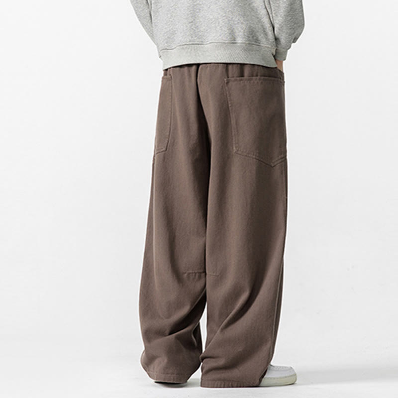 Fall Pure Color Men's Wide Leg Cotton Drawstring Pants With Pockets