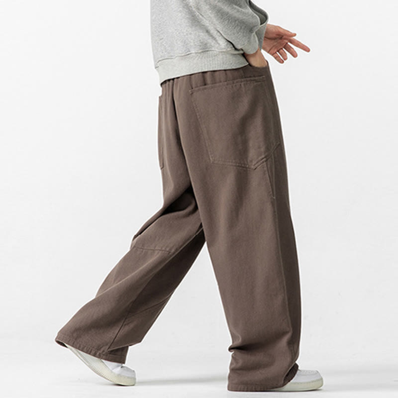Fall Pure Color Men's Wide Leg Cotton Drawstring Pants With Pockets