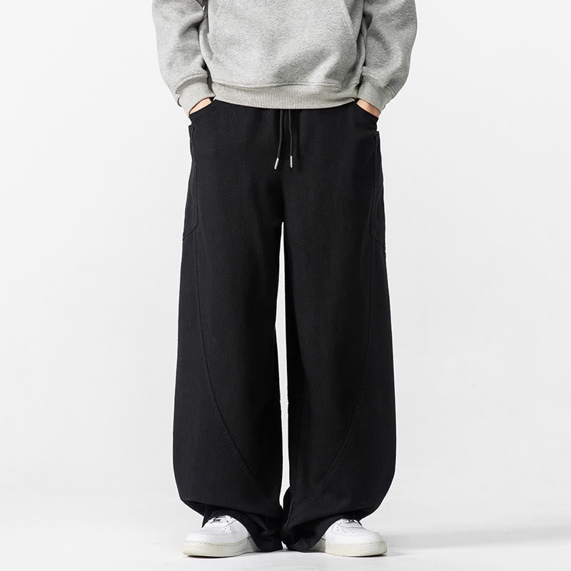 Fall Pure Color Men's Wide Leg Cotton Drawstring Pants With Pockets