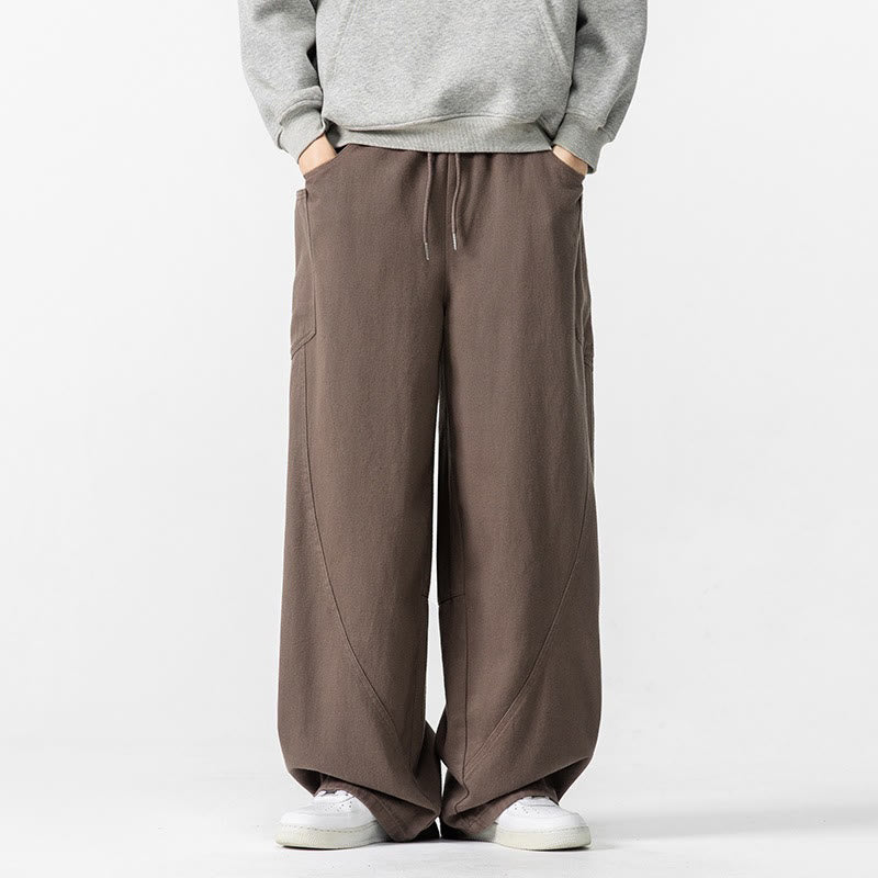 Fall Pure Color Men's Wide Leg Cotton Drawstring Pants With Pockets