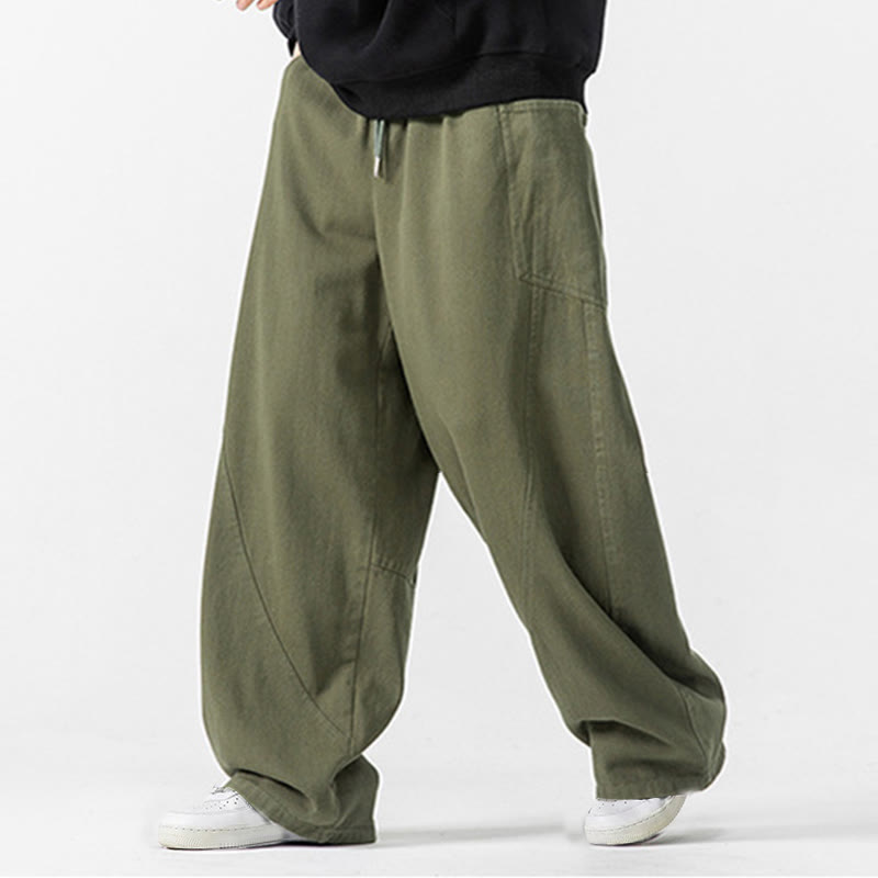 Fall Pure Color Men's Wide Leg Cotton Drawstring Pants With Pockets