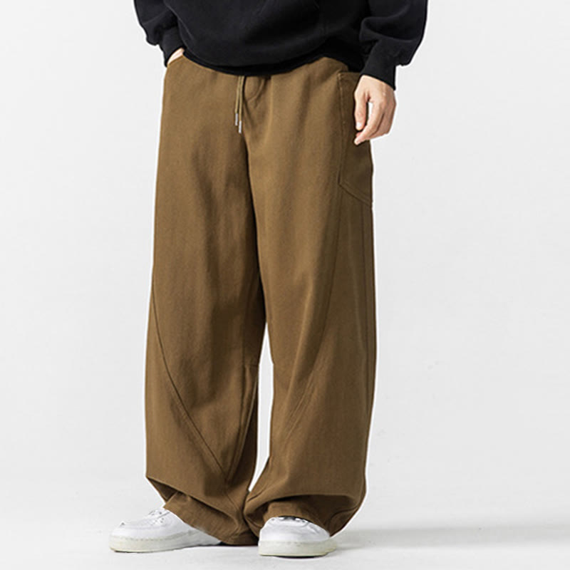 Fall Pure Color Men's Wide Leg Cotton Drawstring Pants With Pockets