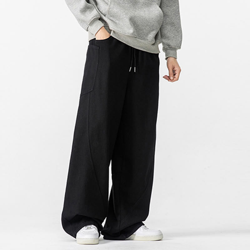 Fall Pure Color Men's Wide Leg Cotton Drawstring Pants With Pockets