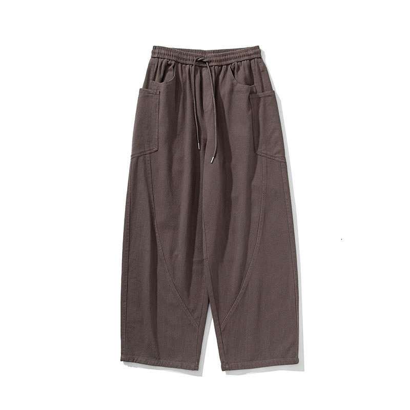 Fall Pure Color Men's Wide Leg Cotton Drawstring Pants With Pockets