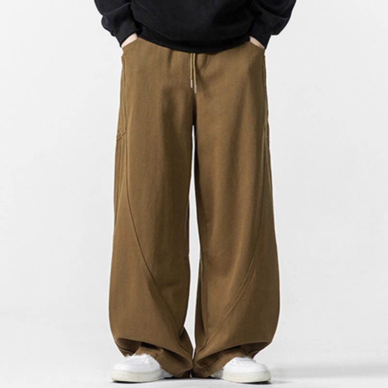 Fall Pure Color Men's Wide Leg Cotton Drawstring Pants With Pockets