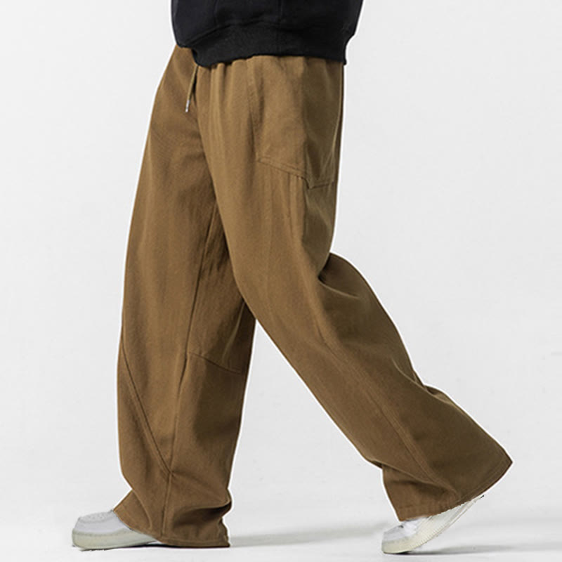 Fall Pure Color Men's Wide Leg Cotton Drawstring Pants With Pockets