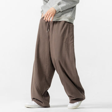 Fall Pure Color Men's Wide Leg Cotton Drawstring Pants With Pockets