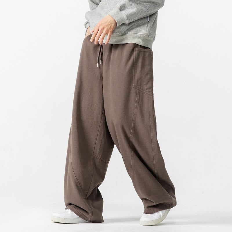 Fall Pure Color Men's Wide Leg Cotton Drawstring Pants With Pockets