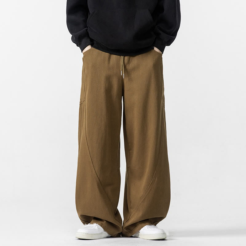 Fall Pure Color Men's Wide Leg Cotton Drawstring Pants With Pockets