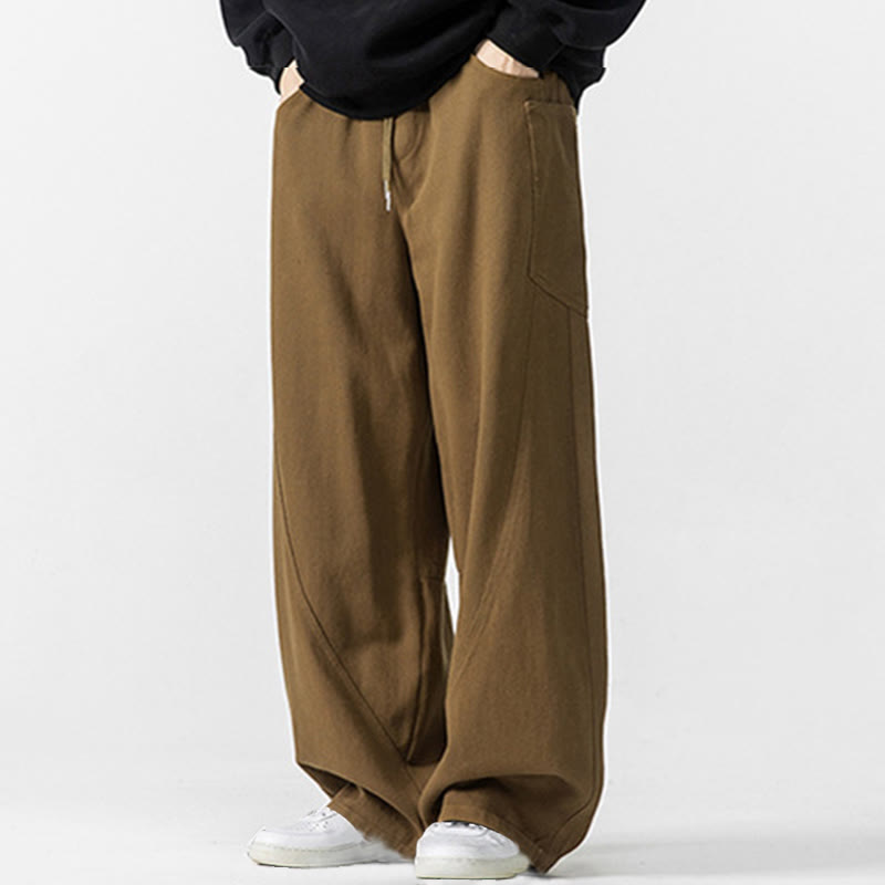 Fall Pure Color Men's Wide Leg Cotton Drawstring Pants With Pockets