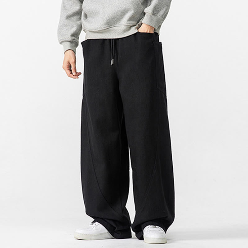 Fall Pure Color Men's Wide Leg Cotton Drawstring Pants With Pockets