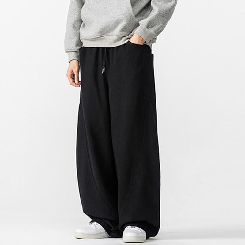 Fall Pure Color Men's Wide Leg Cotton Drawstring Pants With Pockets