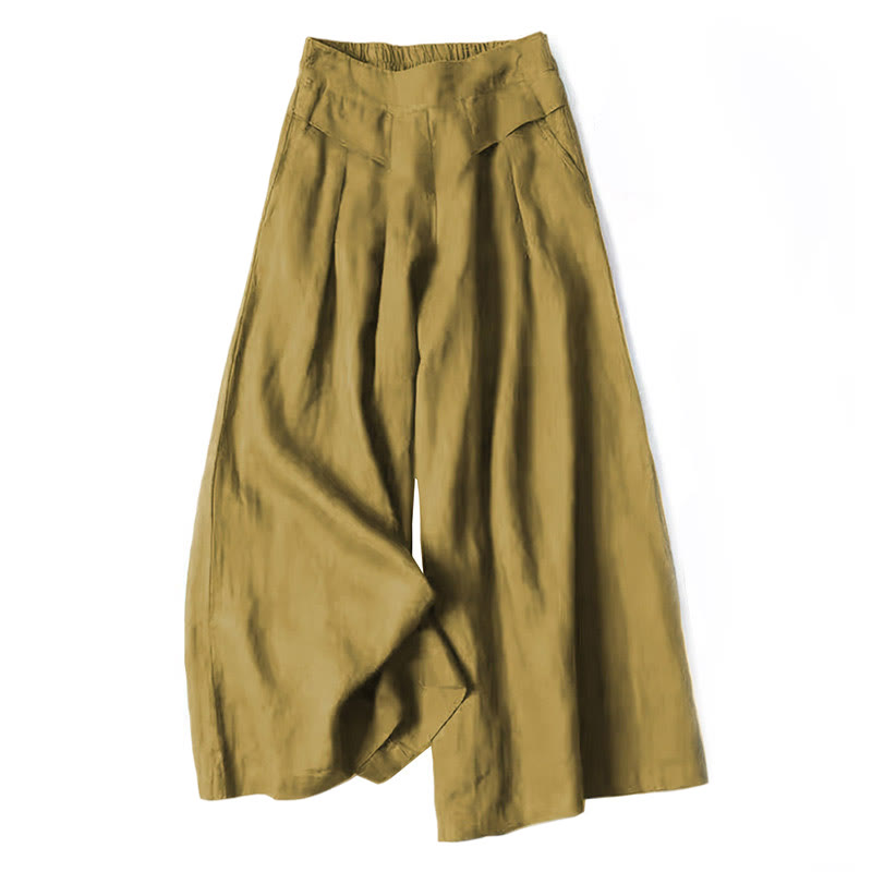 Plain Color Cotton Linen High Waist Wide Leg Pants With Pockets