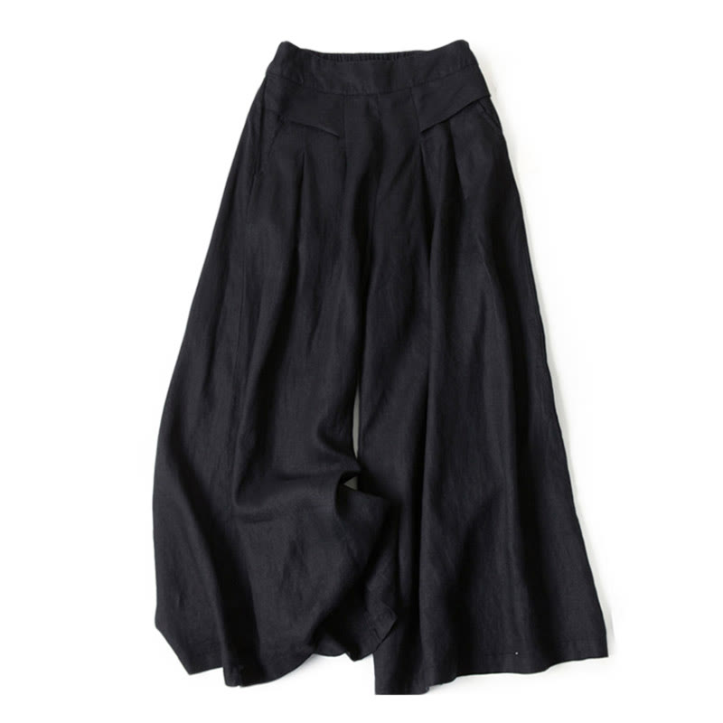 Plain Color Cotton Linen High Waist Wide Leg Pants With Pockets