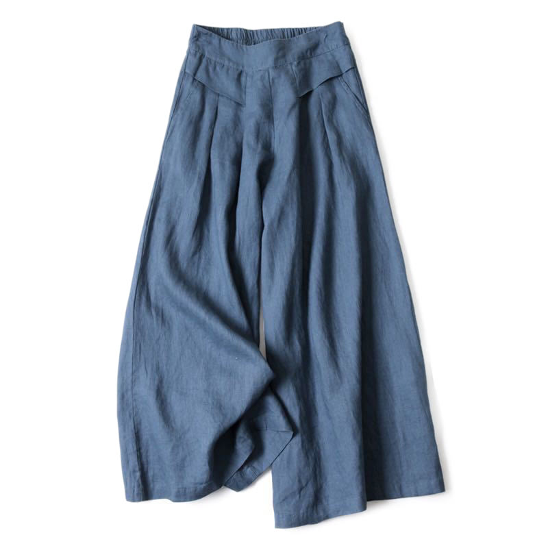 Plain Color Cotton Linen High Waist Wide Leg Pants With Pockets