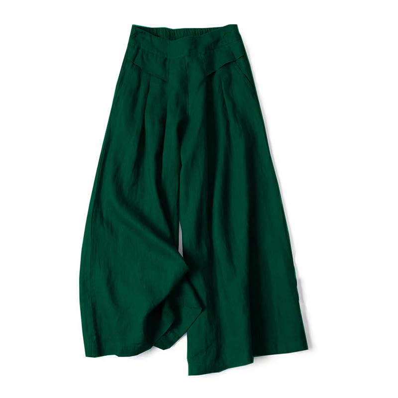 Plain Color Cotton Linen High Waist Wide Leg Pants With Pockets