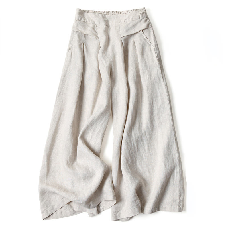 Plain Color Cotton Linen High Waist Wide Leg Pants With Pockets