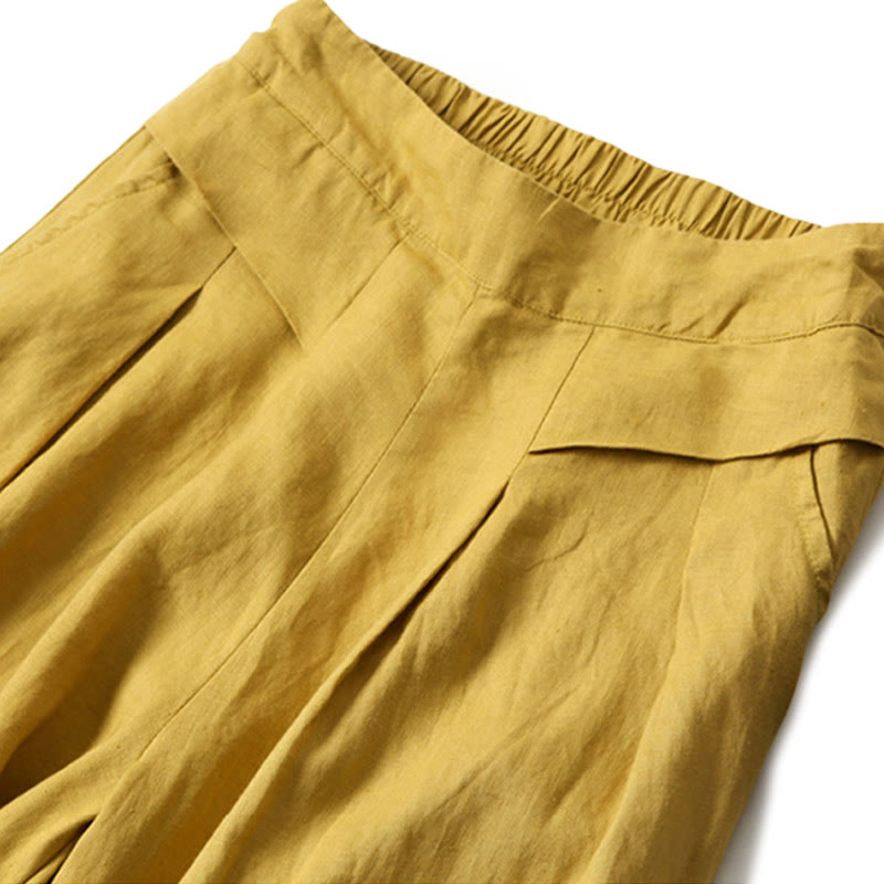Plain Color Cotton Linen High Waist Wide Leg Pants With Pockets