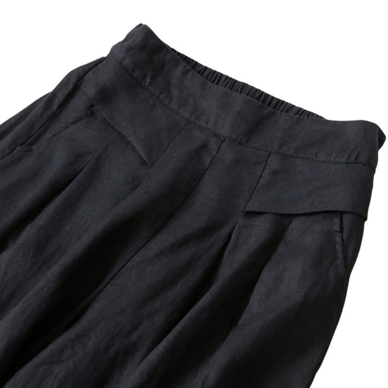 Plain Color Cotton Linen High Waist Wide Leg Pants With Pockets