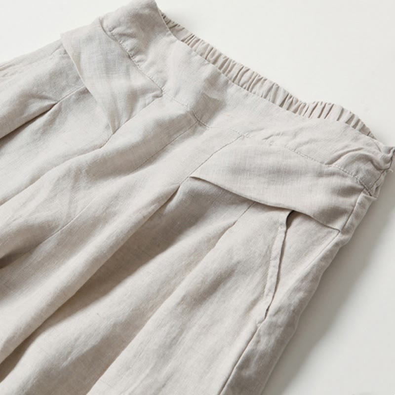 Plain Color Cotton Linen High Waist Wide Leg Pants With Pockets