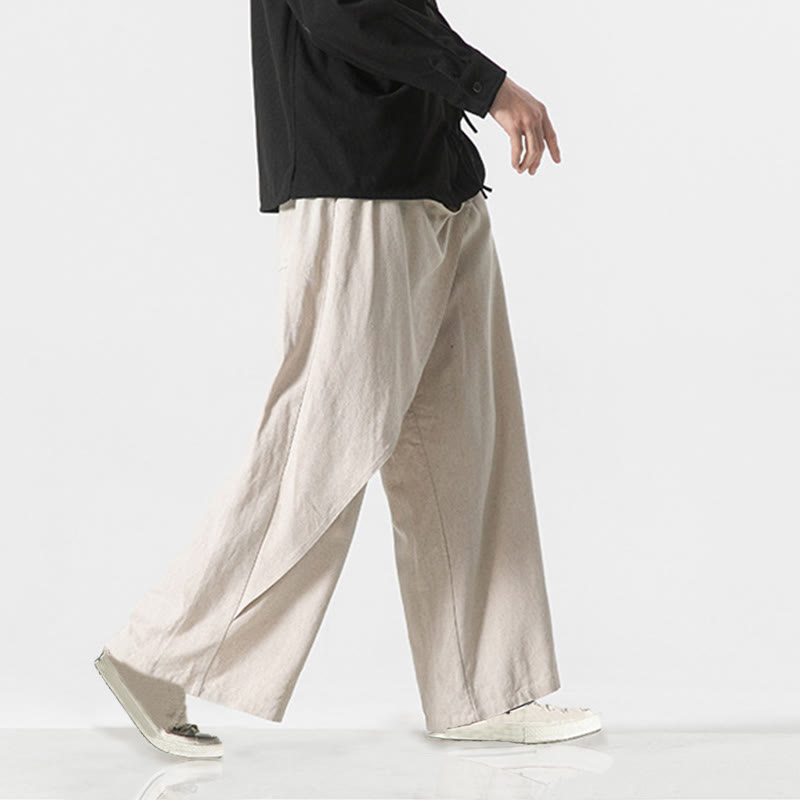 Asymmetrical Patched Design Plain Men's Cotton Pants With Pockets