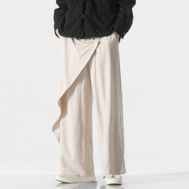 Asymmetrical Patched Design Plain Men's Cotton Pants With Pockets