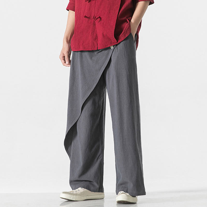 Asymmetrical Patched Design Plain Men's Cotton Pants With Pockets