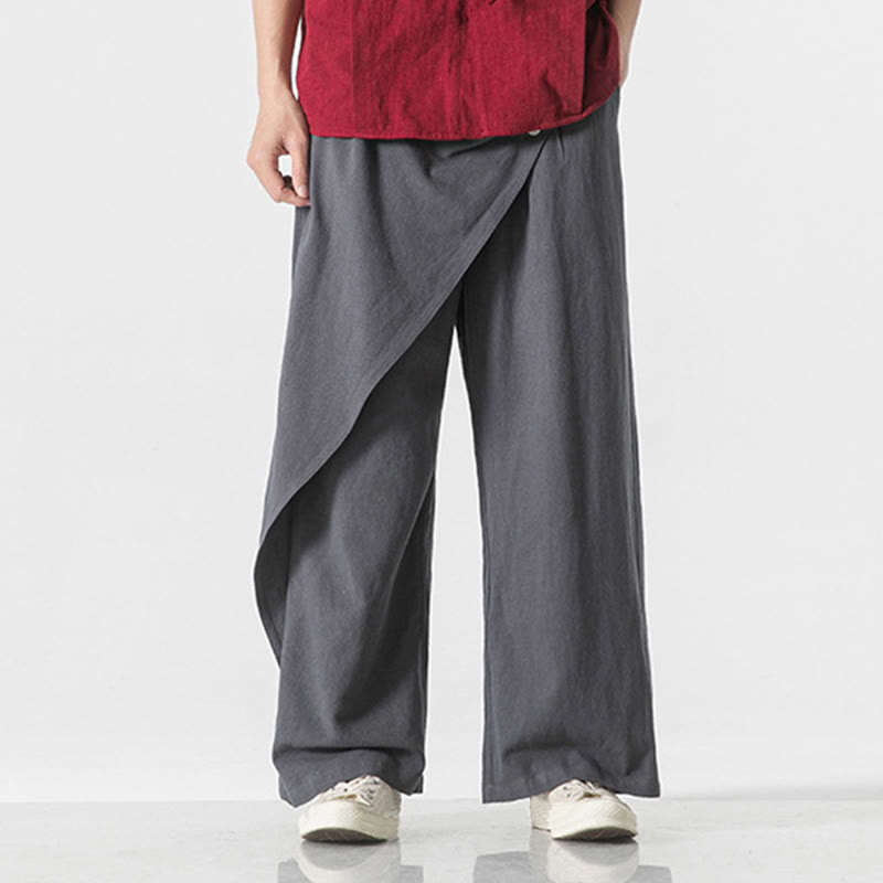 Asymmetrical Patched Design Plain Men's Cotton Pants With Pockets