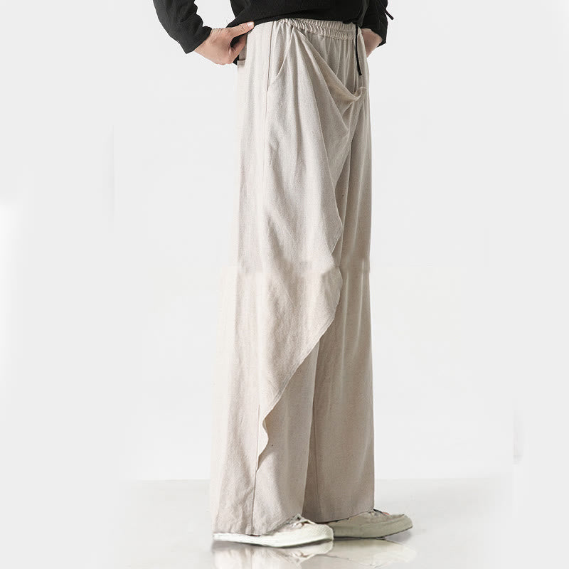 Asymmetrical Patched Design Plain Men's Cotton Pants With Pockets