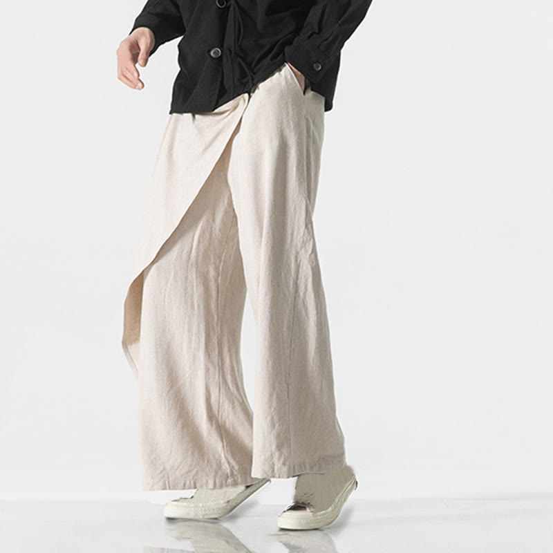 Asymmetrical Patched Design Plain Men's Cotton Pants With Pockets