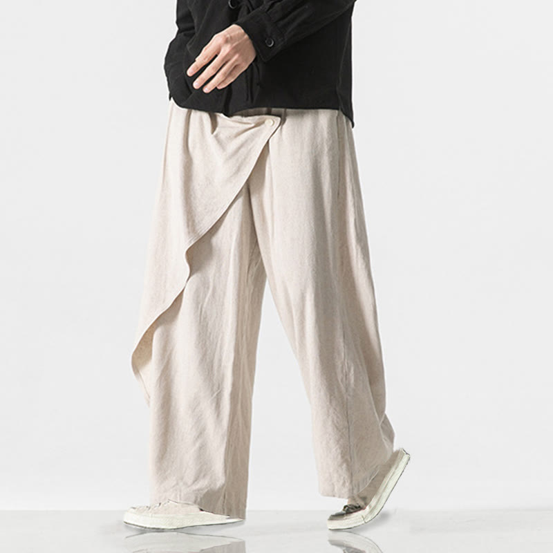 Asymmetrical Patched Design Plain Men's Cotton Pants With Pockets