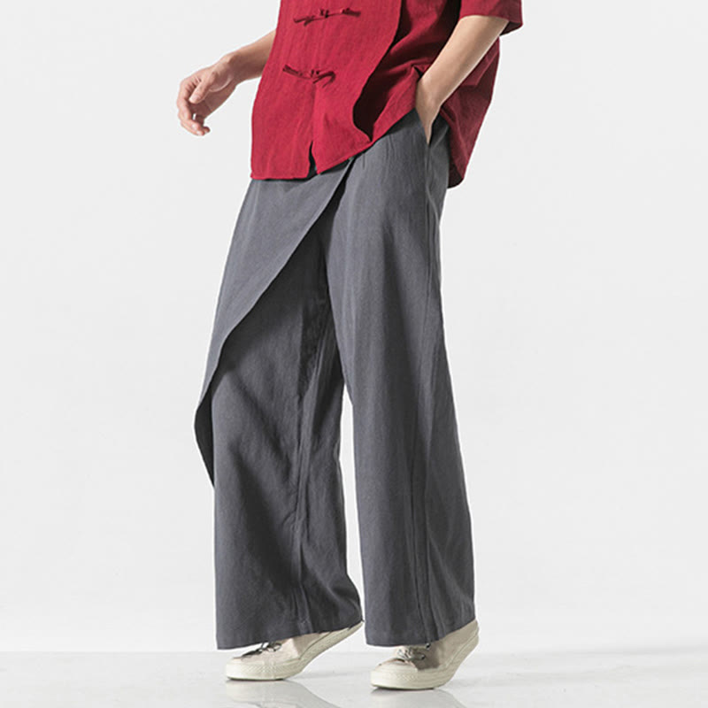 Asymmetrical Patched Design Plain Men's Cotton Pants With Pockets