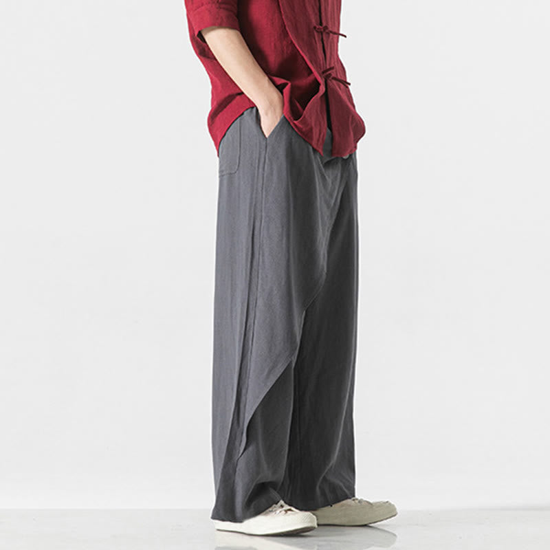 Asymmetrical Patched Design Plain Men's Cotton Pants With Pockets