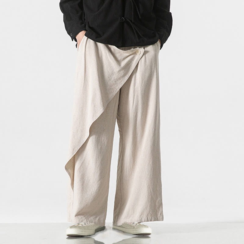 Asymmetrical Patched Design Plain Men's Cotton Pants With Pockets