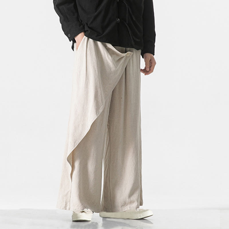 Asymmetrical Patched Design Plain Men's Cotton Pants With Pockets