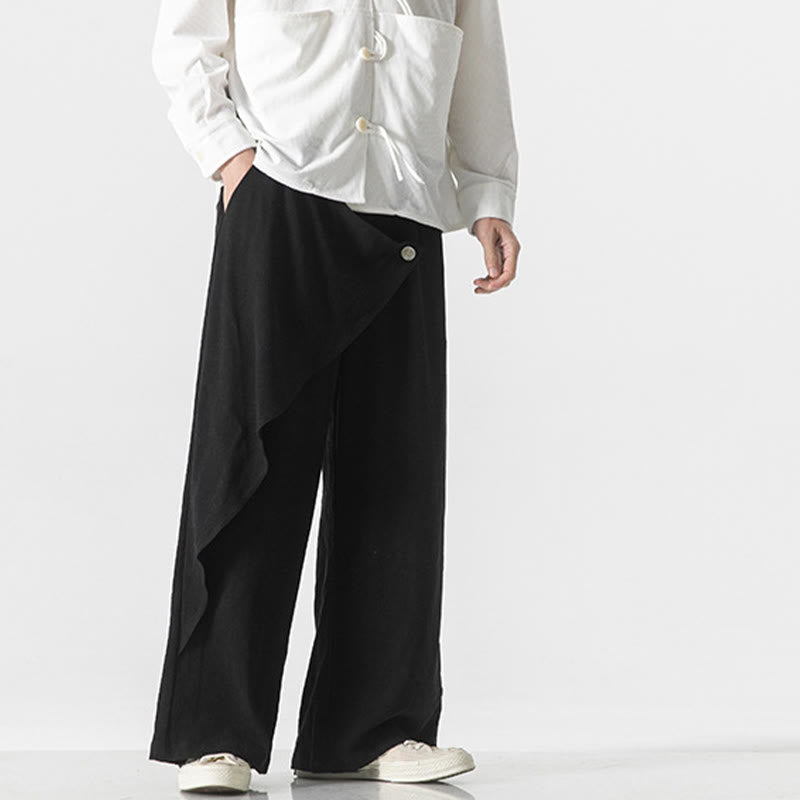 Asymmetrical Patched Design Plain Men's Cotton Pants With Pockets