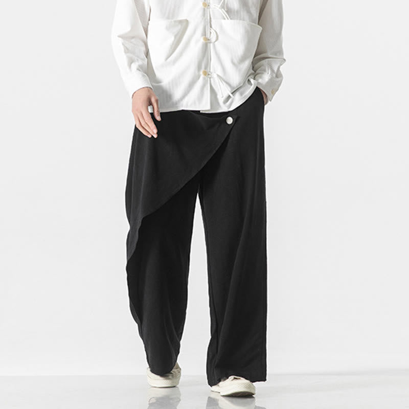 Asymmetrical Patched Design Plain Men's Cotton Pants With Pockets