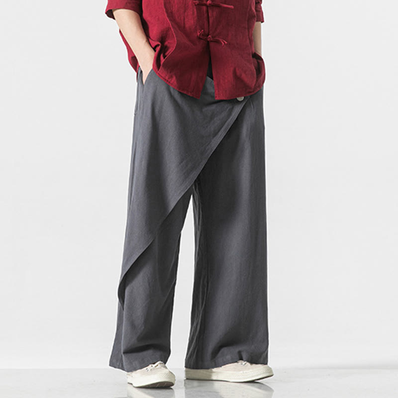 Asymmetrical Patched Design Plain Men's Cotton Pants With Pockets