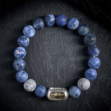 Natural Grey Jasper and Sodalite Om Mani Padme Hum Mantra Beaded Bracelet