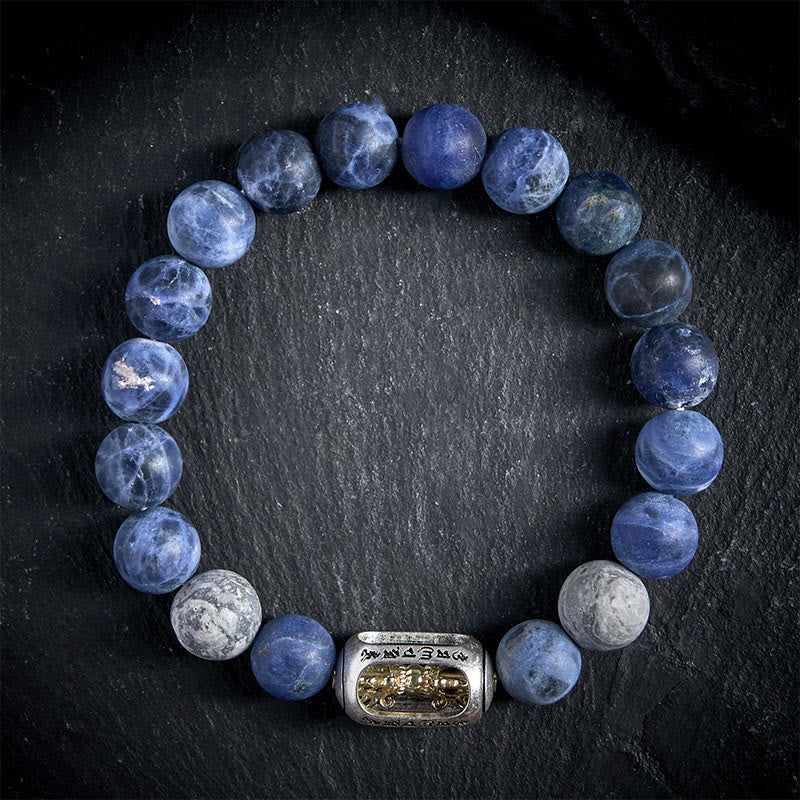 Natural Grey Jasper and Sodalite Om Mani Padme Hum Mantra Beaded Bracelet