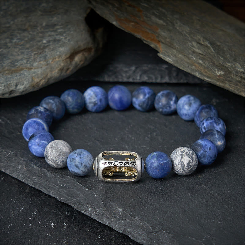 Natural Grey Jasper and Sodalite Om Mani Padme Hum Mantra Beaded Bracelet