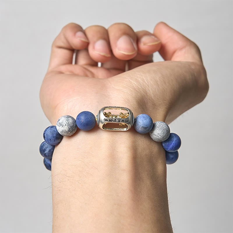Natural Grey Jasper and Sodalite Om Mani Padme Hum Mantra Beaded Bracelet