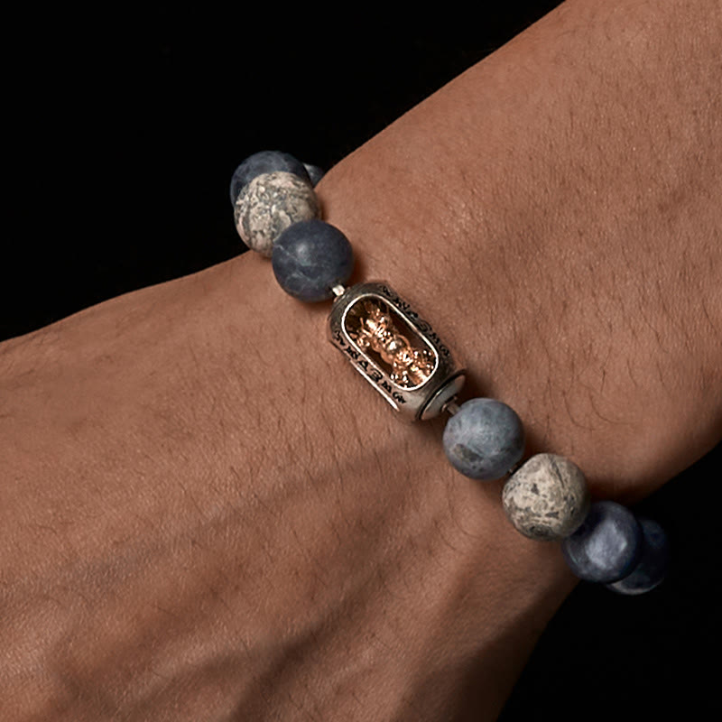 Natural Grey Jasper and Sodalite Om Mani Padme Hum Mantra Beaded Bracelet