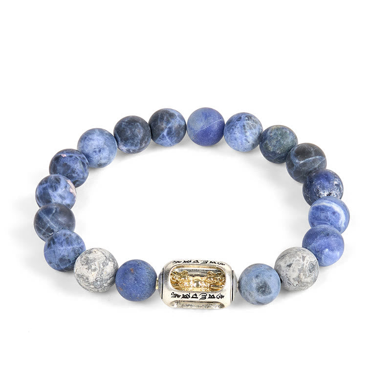 Natural Grey Jasper and Sodalite Om Mani Padme Hum Mantra Beaded Bracelet