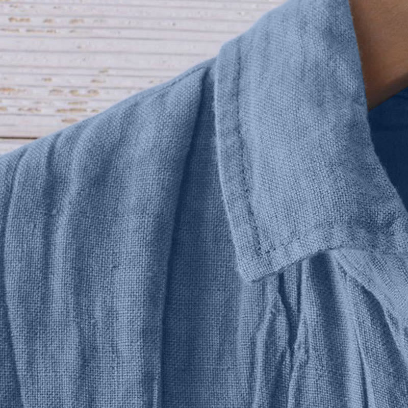 Men's Shirt Solid Color Lapel Top Long Sleeve Comfy Button Crease Cotton Linen Shirt
